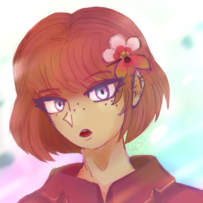 An illustration of a woman with short ginger hair and an orchid barrette