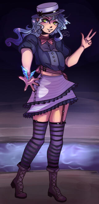 A drawing of a woman with blue hair, a boat hat, and striped stockings